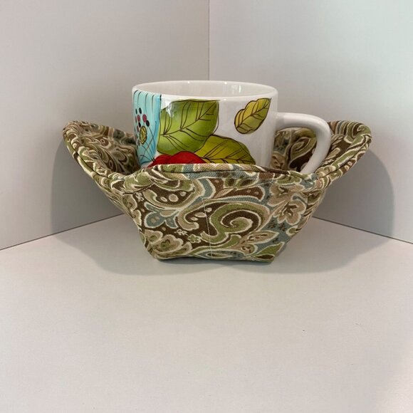 Handmade Paisley Fabric Microwave Bowl Cozy & Mug Holder For Hot Beverages - Picture 5 of 9